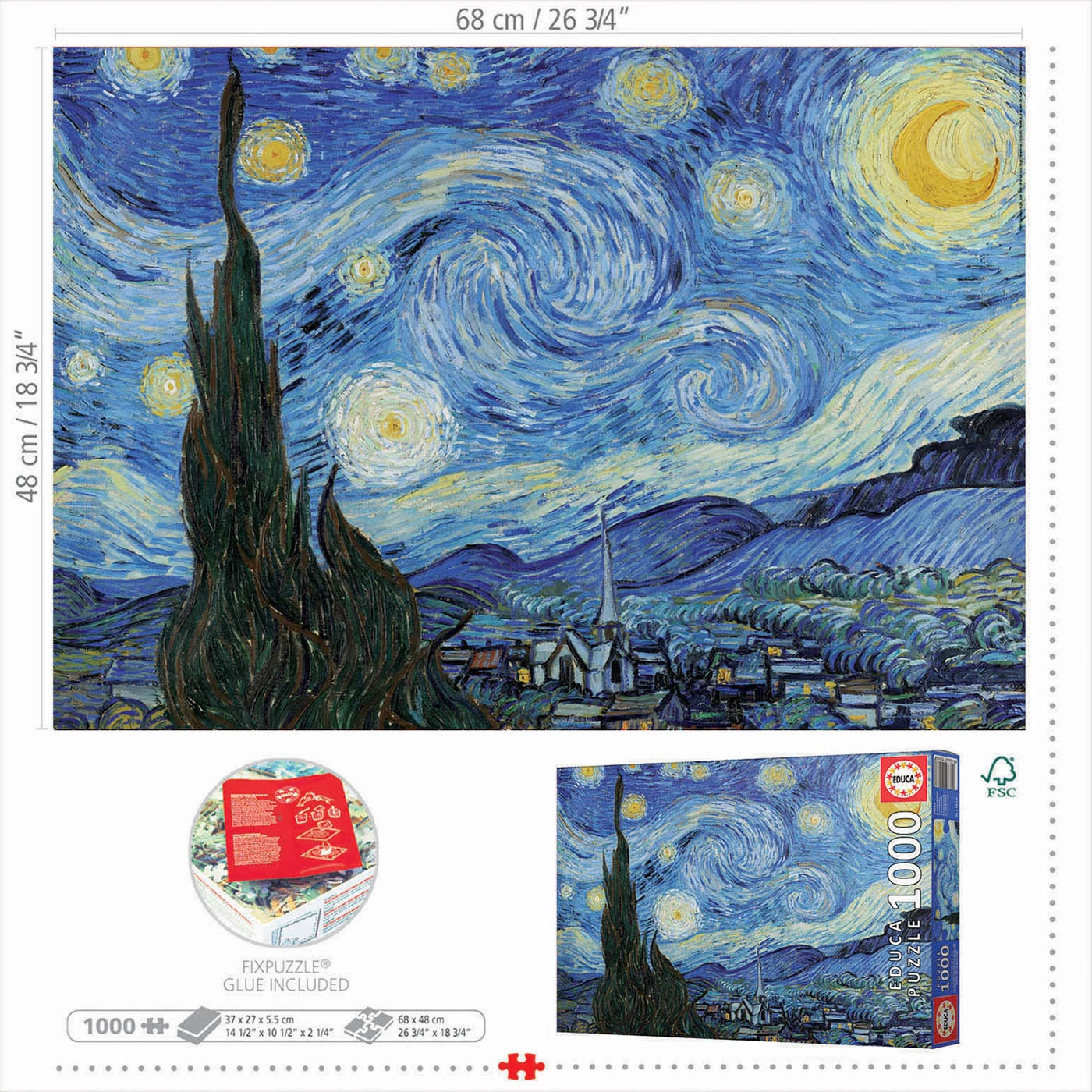 Educa Vincent Van Gogh - Sterrennacht - Puzzel 1000 Stukjes - Afbeelding 3